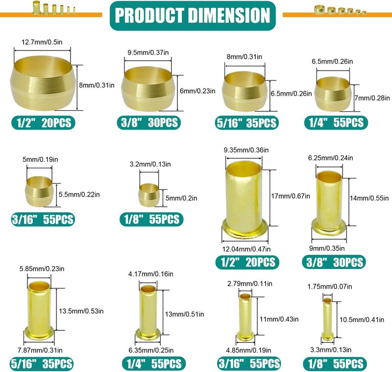 Dekiphox 500PCS Brass Compression Sleeves Ferrules Inserts Kit 1/2" 3/8" 5/16" 1/4" 3/16" 1/8" Tube OD, 6 Sizes Air line Fittings Assortment Kit for Air Water Fuel Oil and Inert Gases Line - Image 2